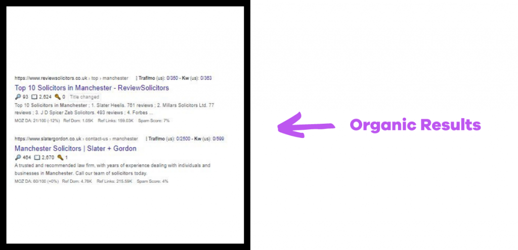 Organic search results for a localised search for solicitors