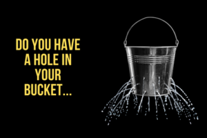 Analogy of a leaky bucket to a business that is losing business due to poor customer service.